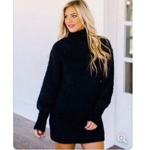 &Merci Black ballon sleeve turtleneck fuzzy sweater dress